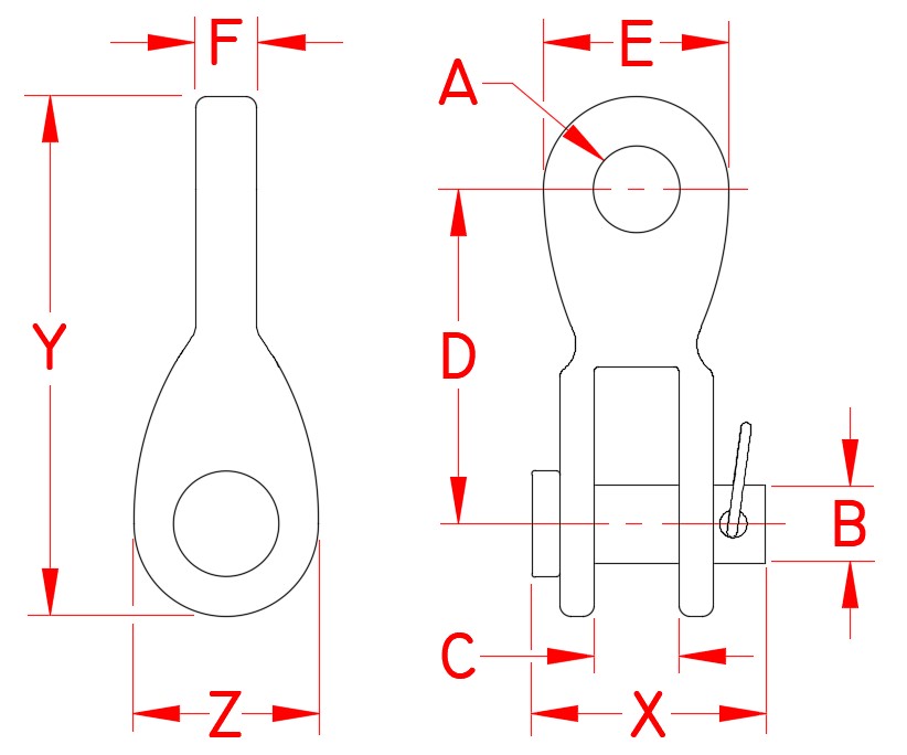 Stainless Steel Rigging Toggle, S0168-0005, S0168-0006, S0168-0008, S0168-0010, S0168-0012, Line Drawing